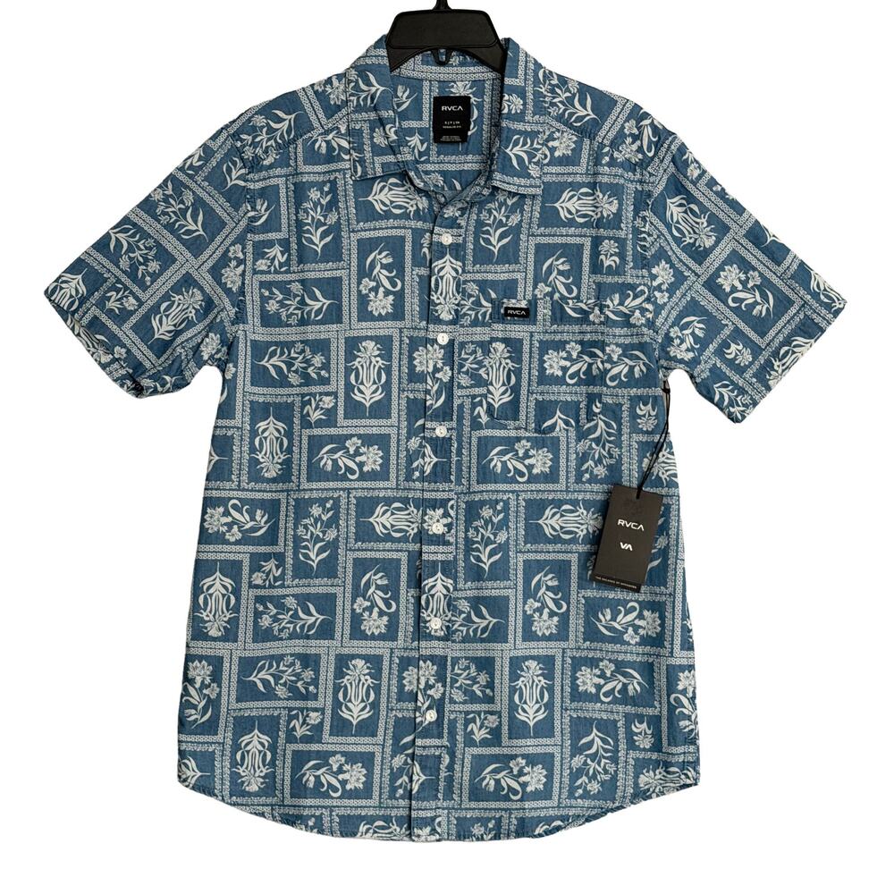 RVCA Casual Shirt Men's Small Regular Fit Button-Up Blue Floral Frame NEW